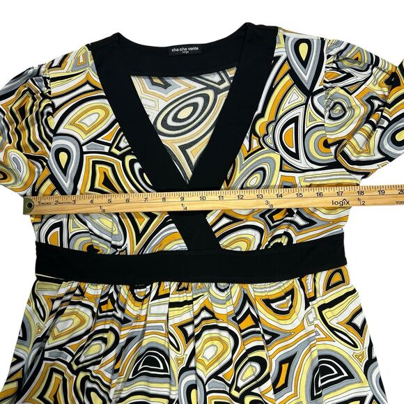 Y2k Geometric babydoll Shirt Top Sz L deep V Neck Yellow Retro Mod 70s indie - Picture 5 of 9